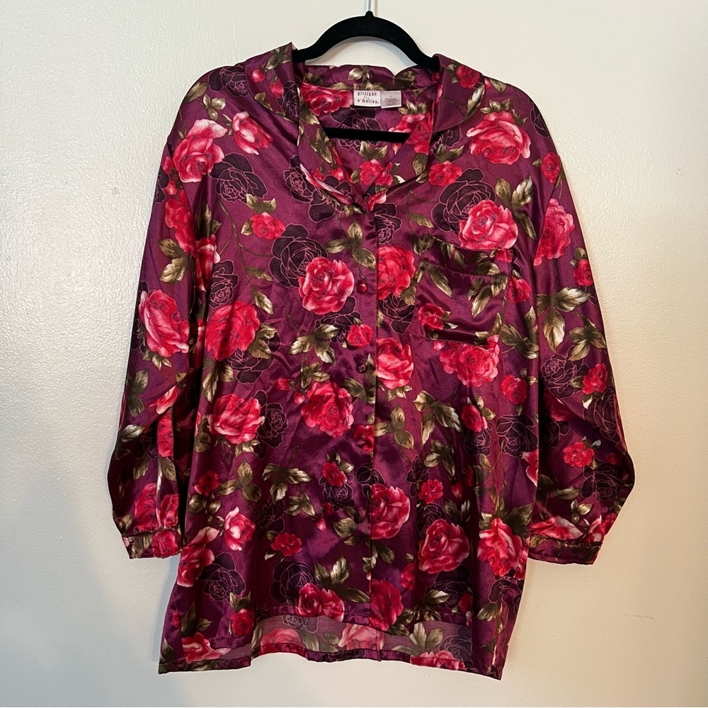 Gilligan & O’Malley Pink Floral Satin Cloth Button Front Sleep Shirt L